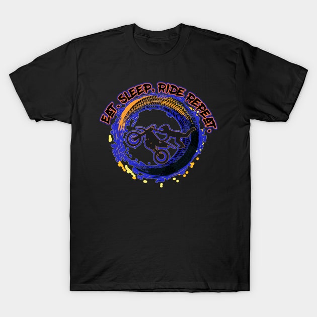 Blue and Orange Eat Sleep Ride Repeat Dirt Bike Motocross T-Shirt by FamilyCurios